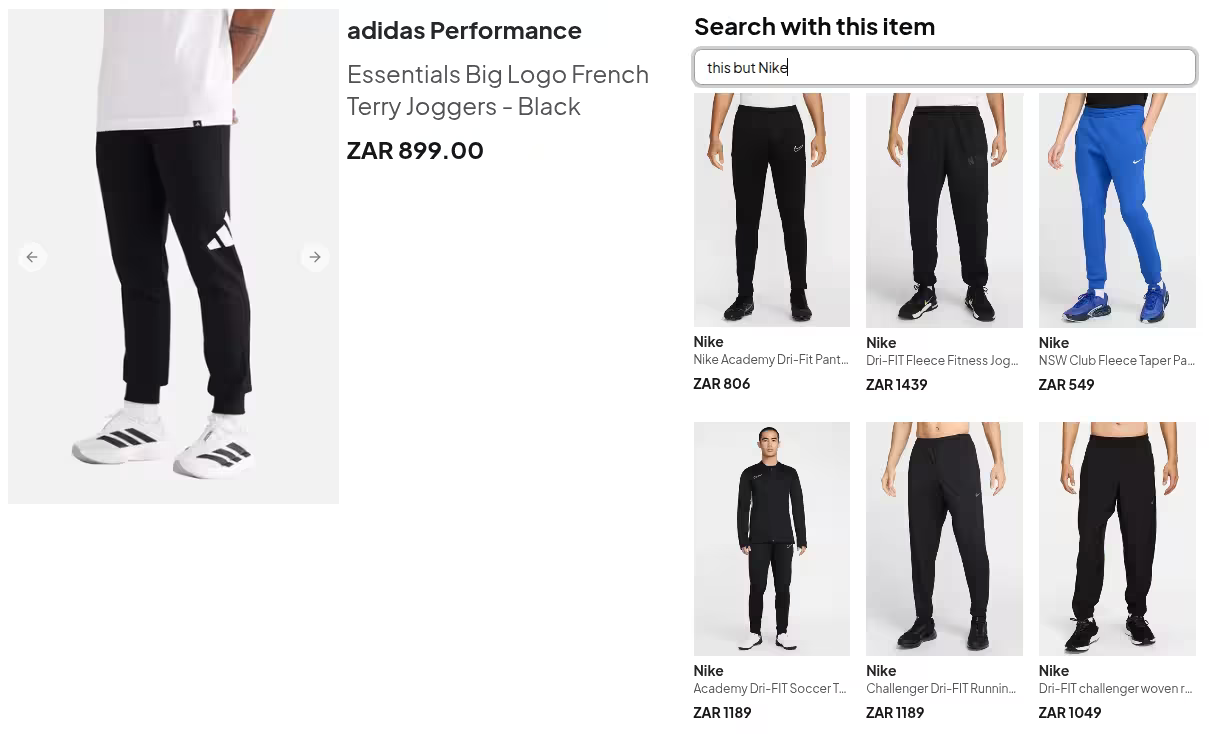 An example of a composed item retrieval query for products from a different brand on an e-commerce site