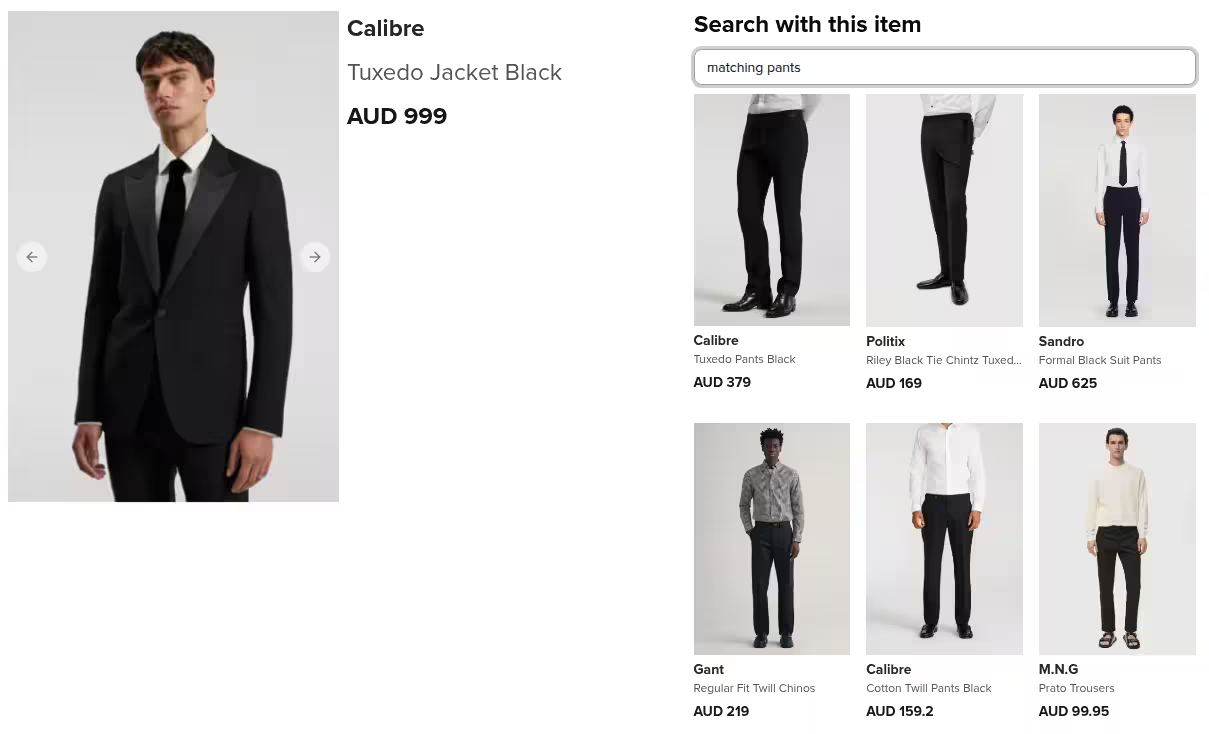 An example of a composed item retrieval query for matching pants on an e-commerce site