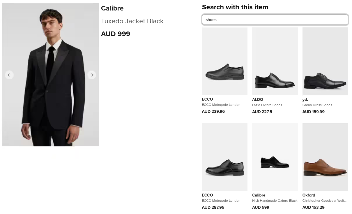 An example of a composed item retrieval query for matching shoes on an e-commerce site